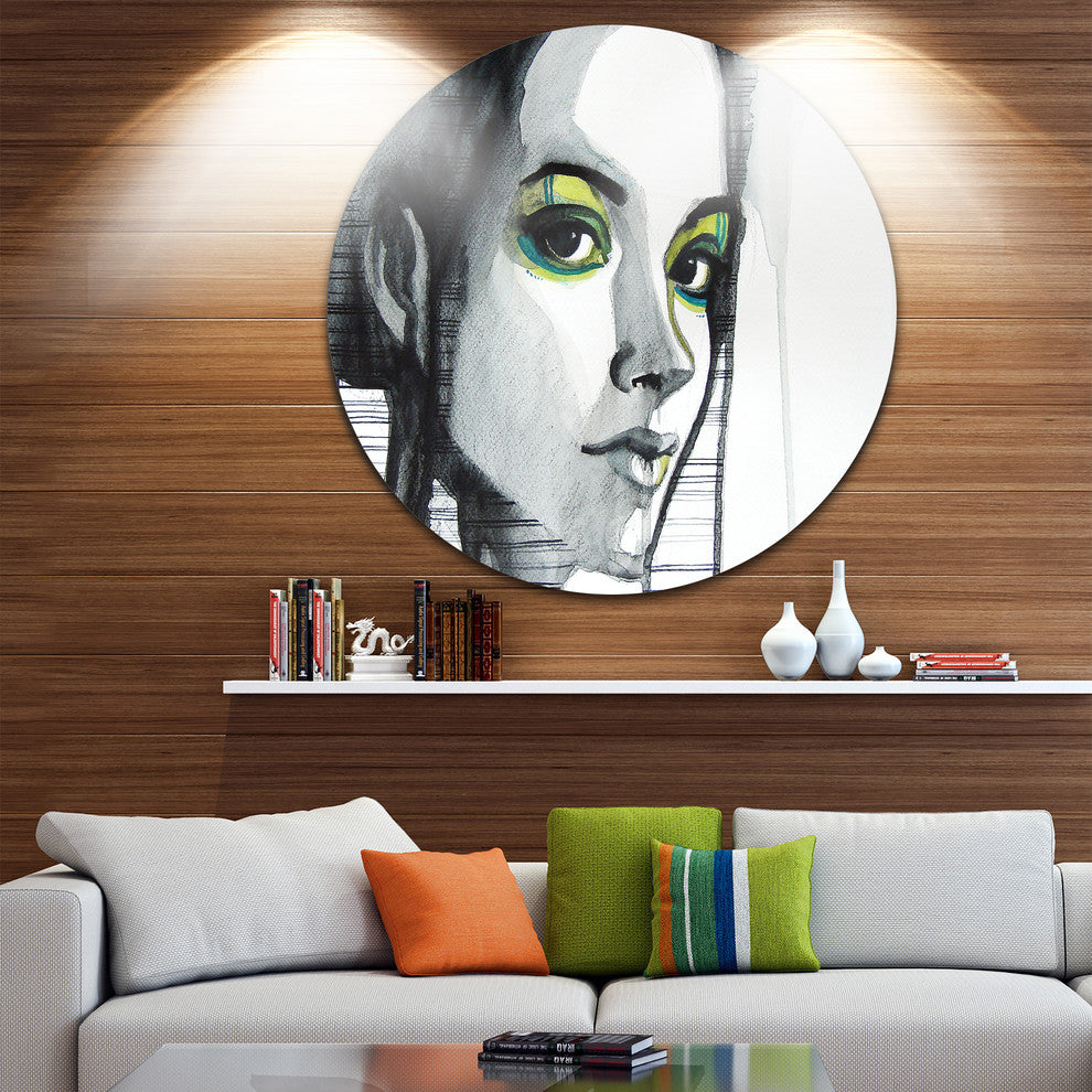 Black Illustrated Girl, Portrait Painting Disc Metal Wall Art, 36"