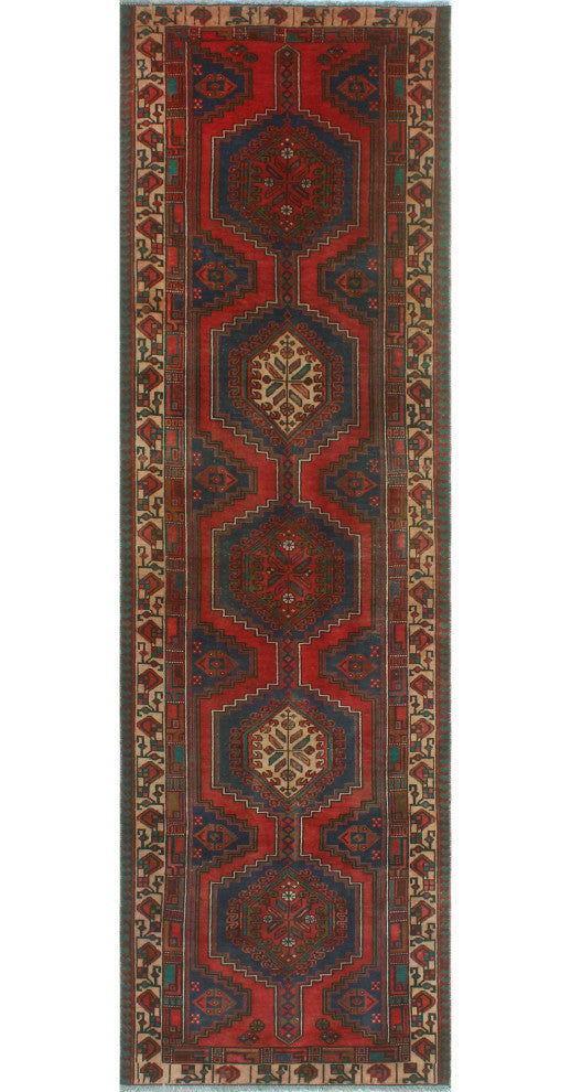 Fine Vintage Distressed Rama Red/Navy Runner, 3'2x10'7