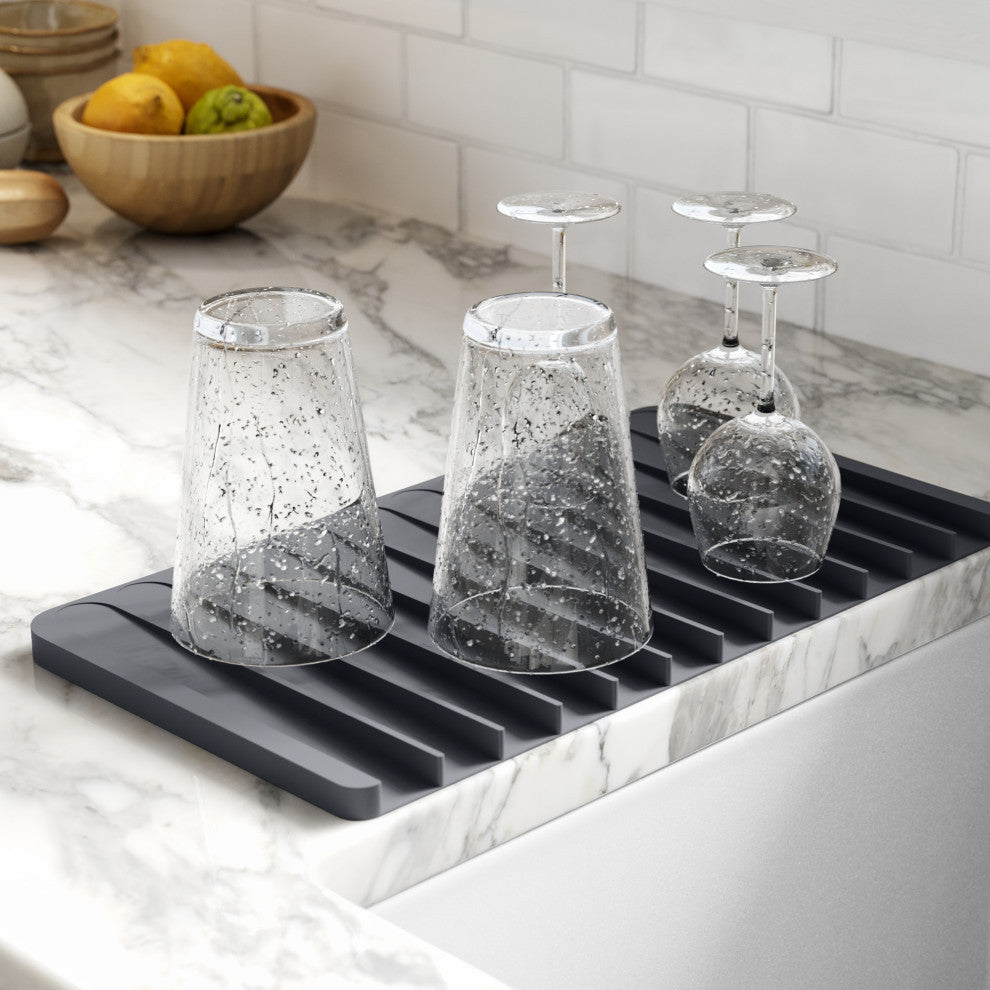 Self-Draining Silicone Dish Drying Mat or Trivet for Kitchen Counter Dark Grey