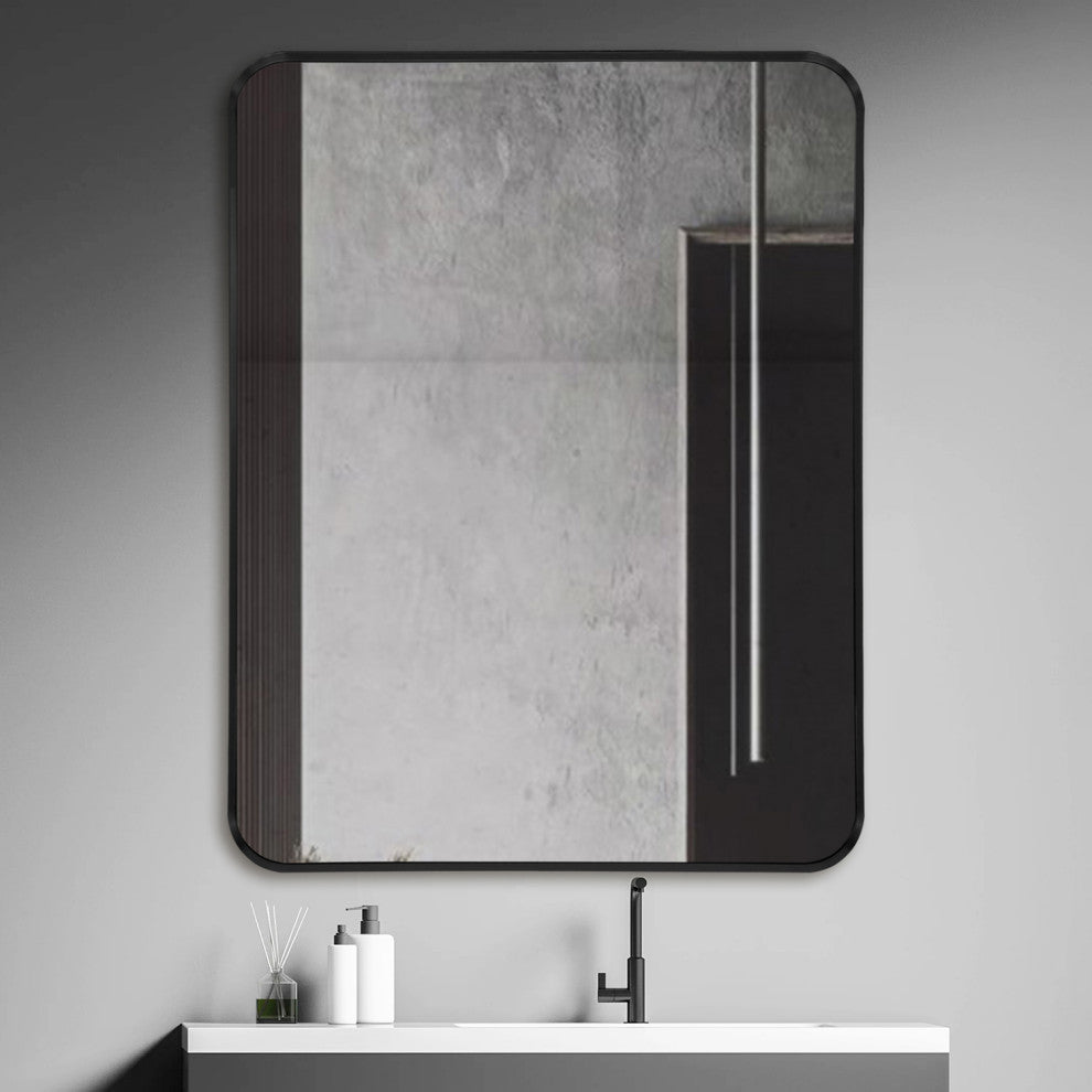 Geneva 23.6 in. x 31.5 Black Rectangular Rounded Framed Bathroom Mirror