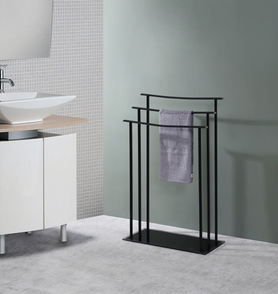 Freeport Triple Free Standing Modern Bathroom Towel Rack Stand, Black Metal