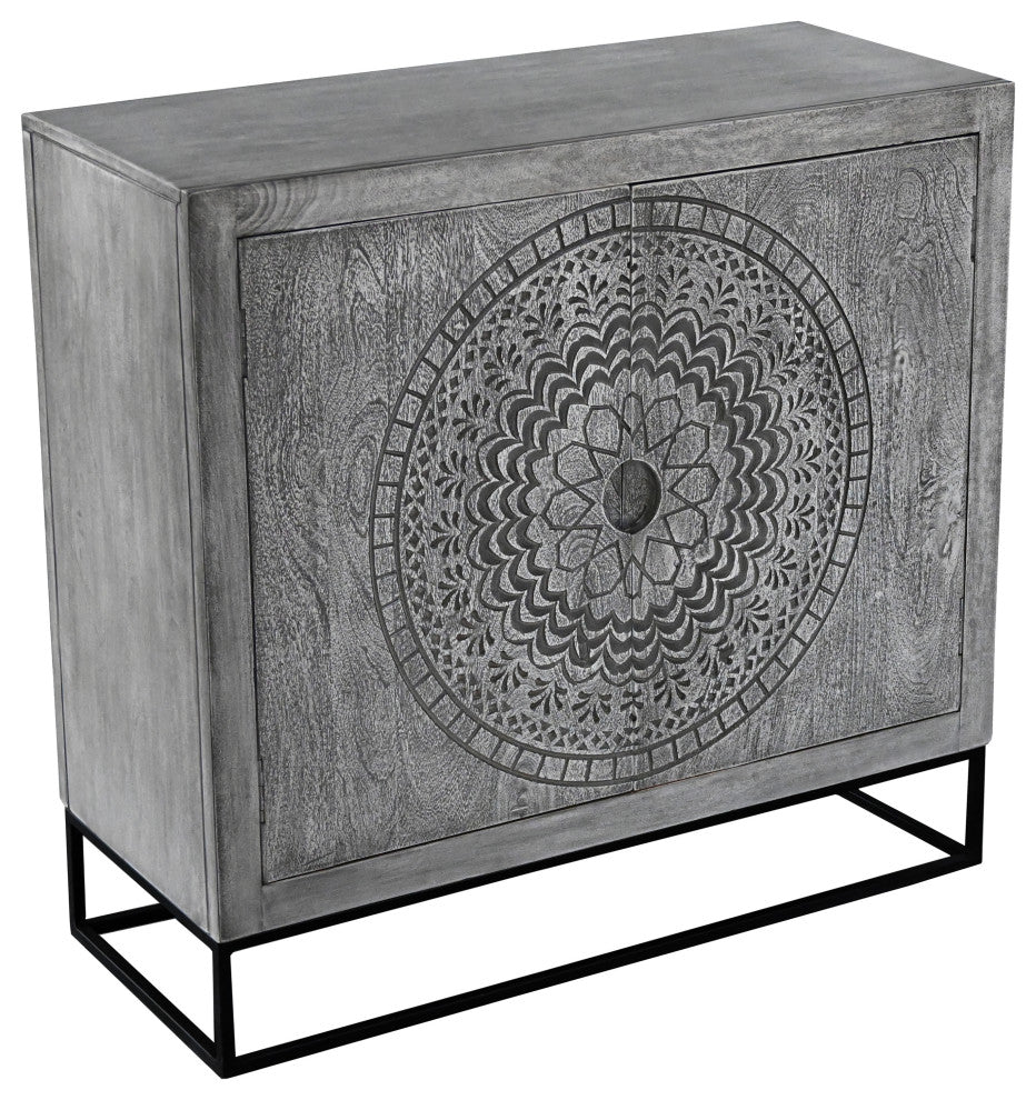 Zera 39" Accent Cabinet 2 Doors Medallion Carving Gray Mango Wood Black Iron