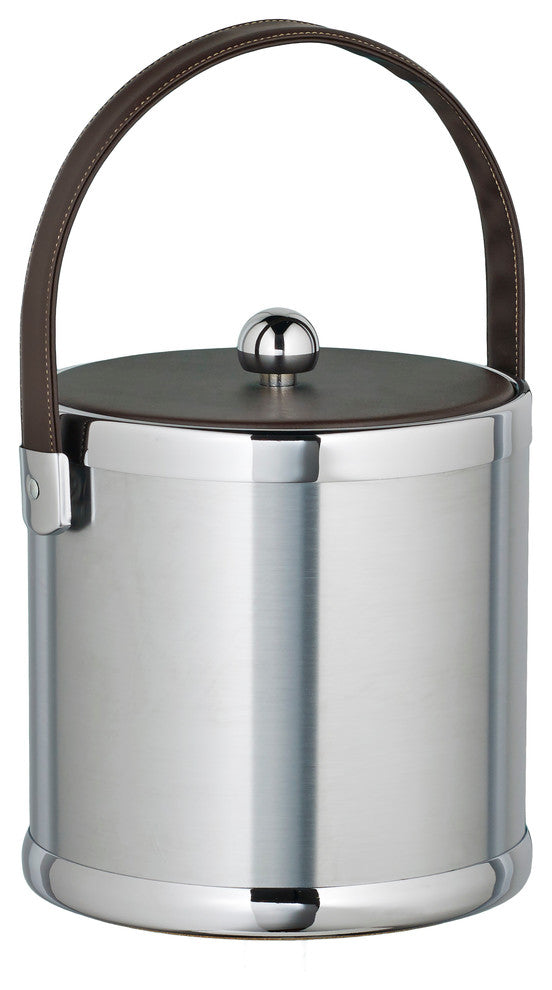 Kraftware Brushed Chrome Ice Bucket with Brown Stitched Handle