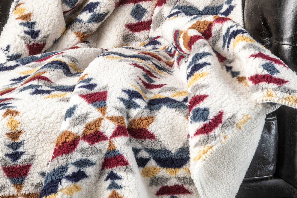 Sherpa Faux Throws 50"X60" Navajo Print Grey, Aztec Print Multi