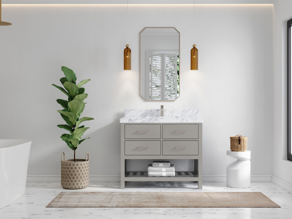 Parker 42" Single Sink Bath Vanity, Elephant Skin Gray 2" Calacatta Poanazzo