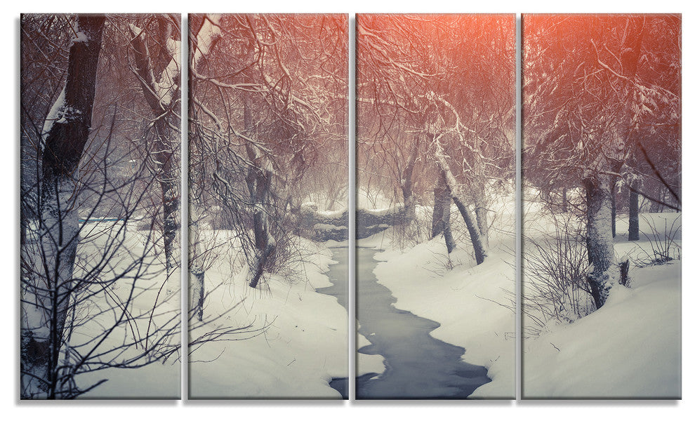 Beautiful Snowfall in City Park, Landscape Canvas Art Print, 48"x28", 4 Panels