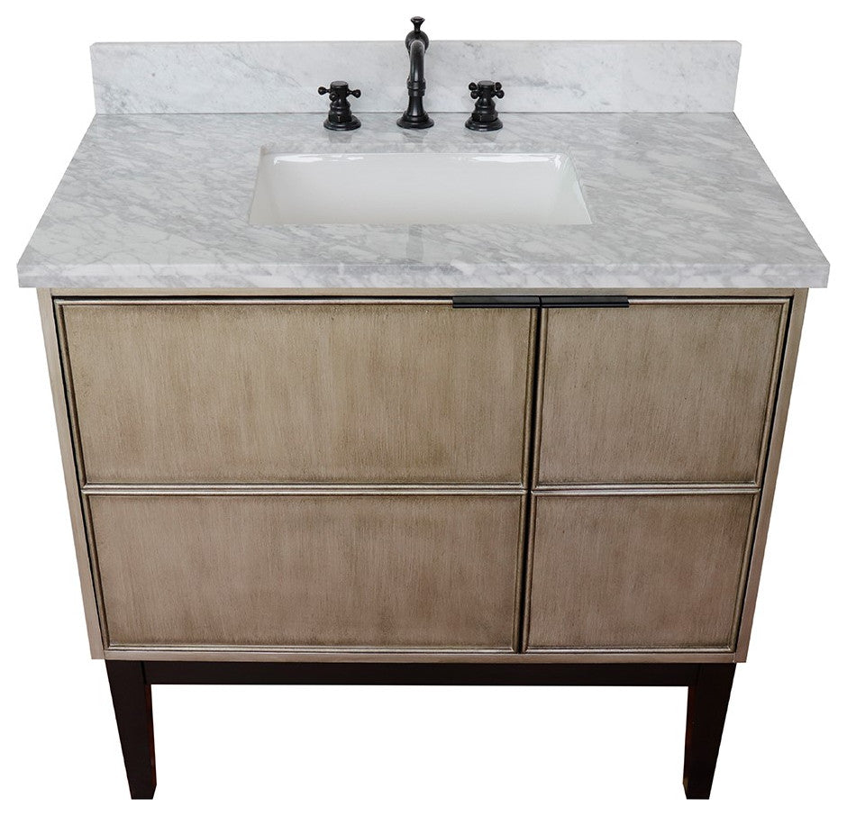 37" Single Vanity, Linen Brown Finish With White Carrara Top