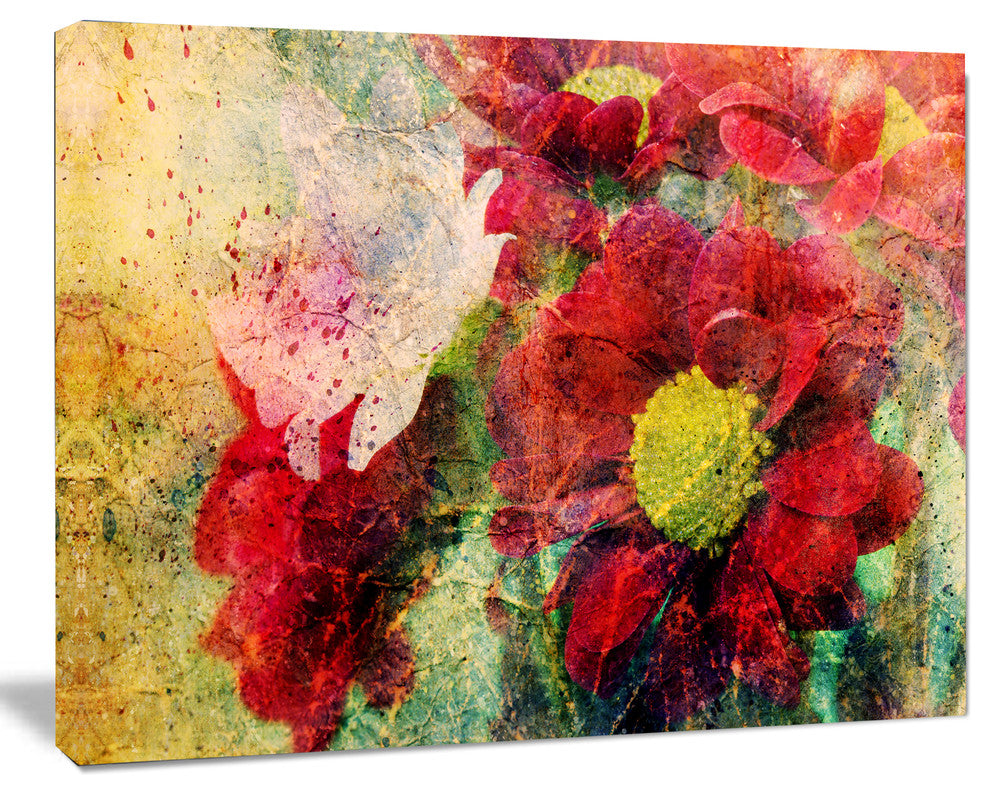 Red Flowers and Watercolor Splashes, Flower Artwork on Canvas, 40"x30"