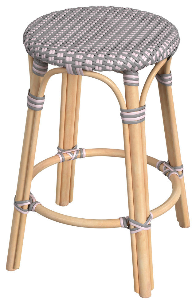 Tobias Rattan Counter Stool, Gray and Pink