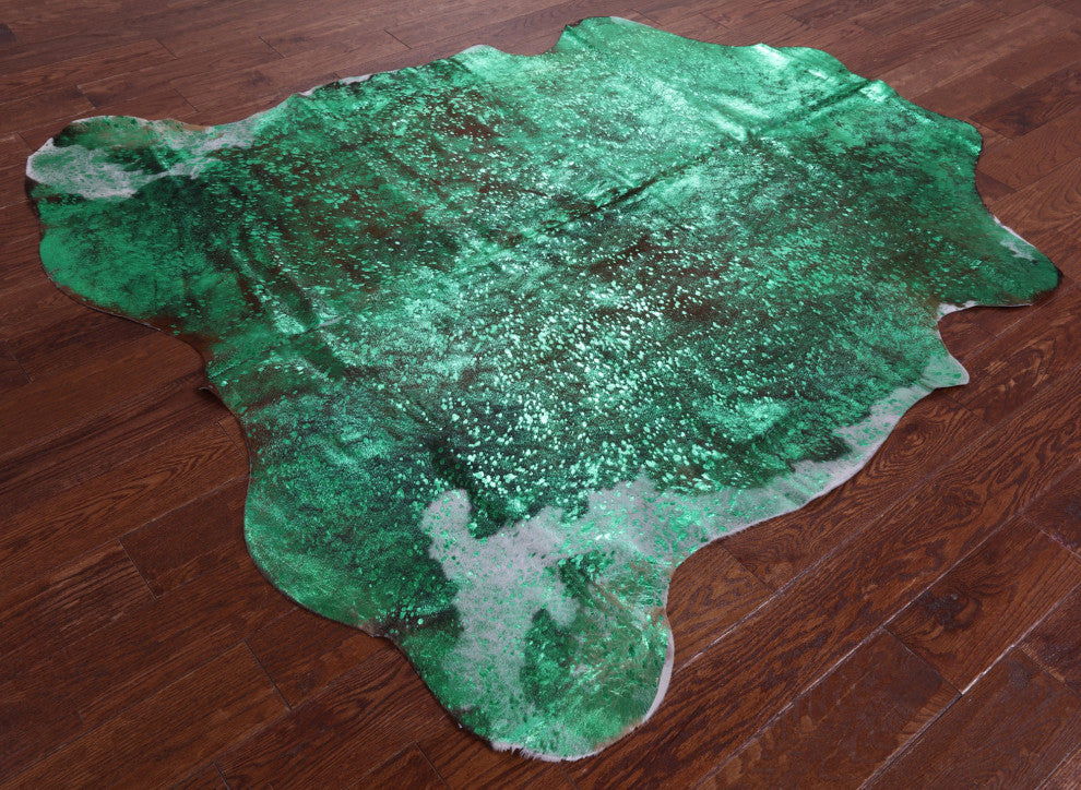 6' 4" X 5' 10" Green Metallic Cowhide Rug C2096