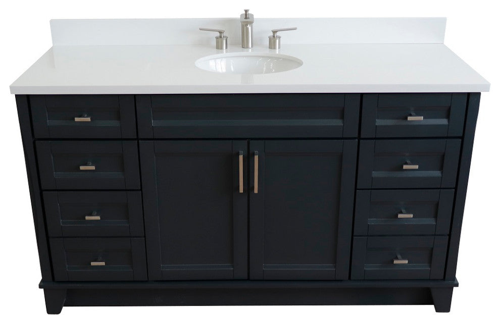 61" Single Sink Vanity, Dark Gray Finish And Engineered Stone Top And Oval Sink