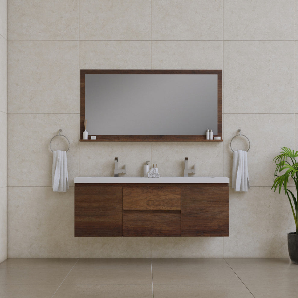 Paterno 60" Double Wall Mounted Bathroom Vanity, Rosewood