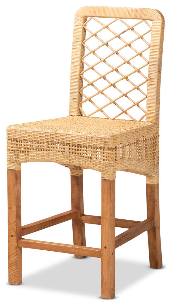 Moscow Bohemian Natural Brown Rattan and Walnut Brown Finish Wood Counter Stool