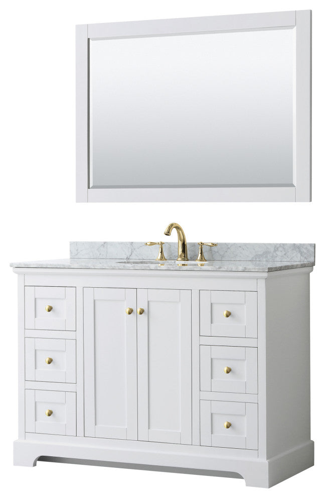 48" Single Bath Vanity, White, Carrara Countertop, Sink, 46" Mirror, Gold Trim