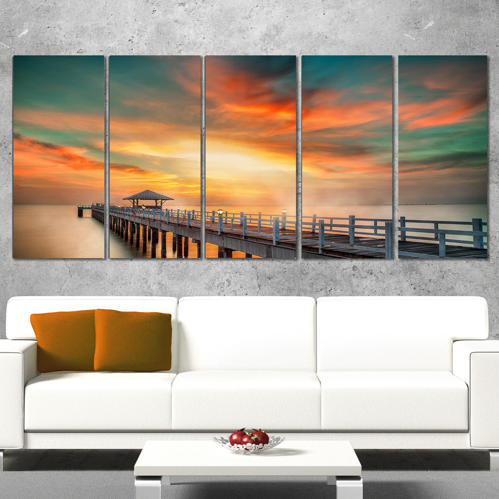 "Wooden Bridge Under Colorful Sky" Sea Bridge Wall Artwork, 5 Panels, 60"x28"