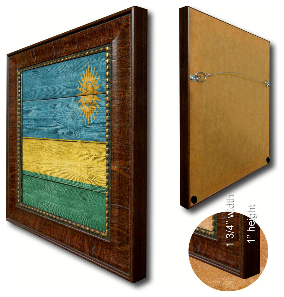 Rwanda Country Textured Flag Print With Brown Gold Frame, 15"X21"