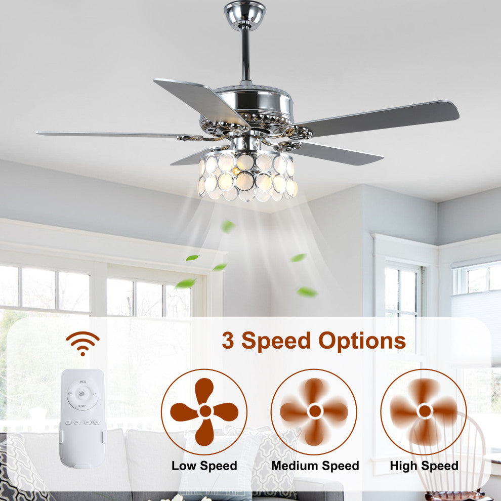 CurveCurio 52" Large Chrome Seashell Shade Ceiling Fan w 3 Light Quiet DC Motor