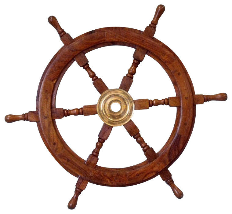 Decorative Ship Wheel, Brass and Wood, 24"