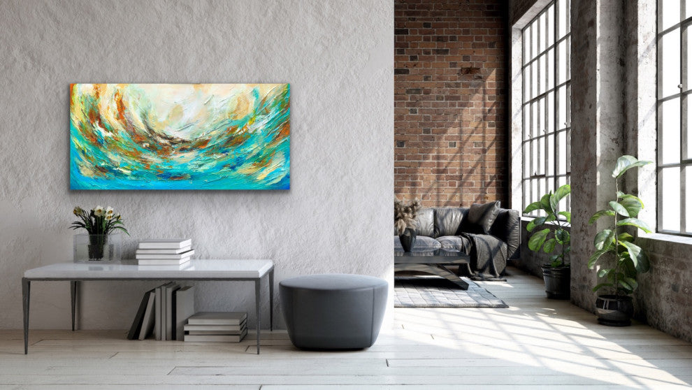 48"x24" The Storm Original Large Modern green teal coastal sea Painting
