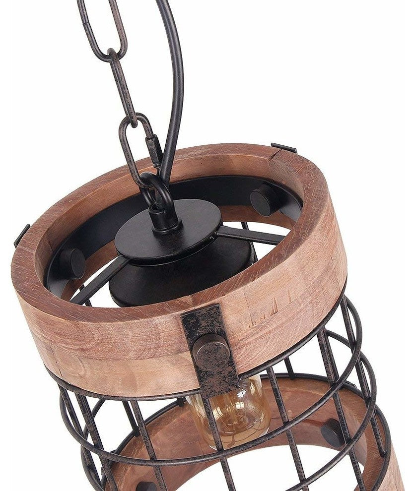 Picture of Single Industrial Rustic Pendant Light Fixture, Circular Wood Black Ch