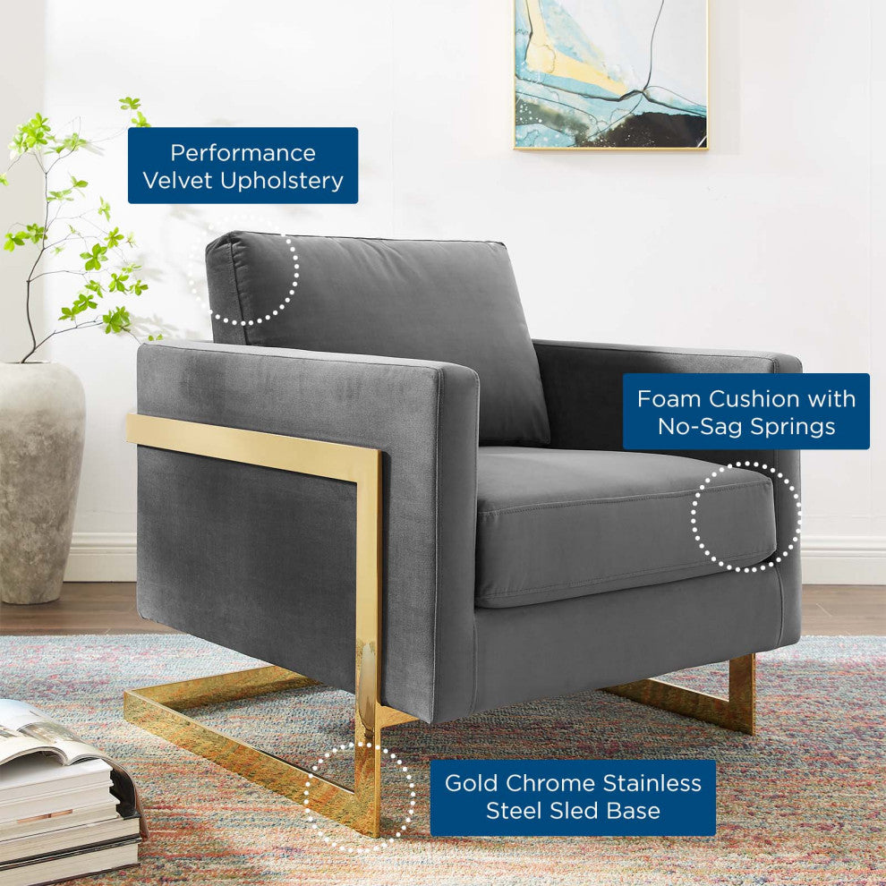 Accent Chair, Velvet, Metal, Gold Gray, Modern, Living Lounge Hospitality