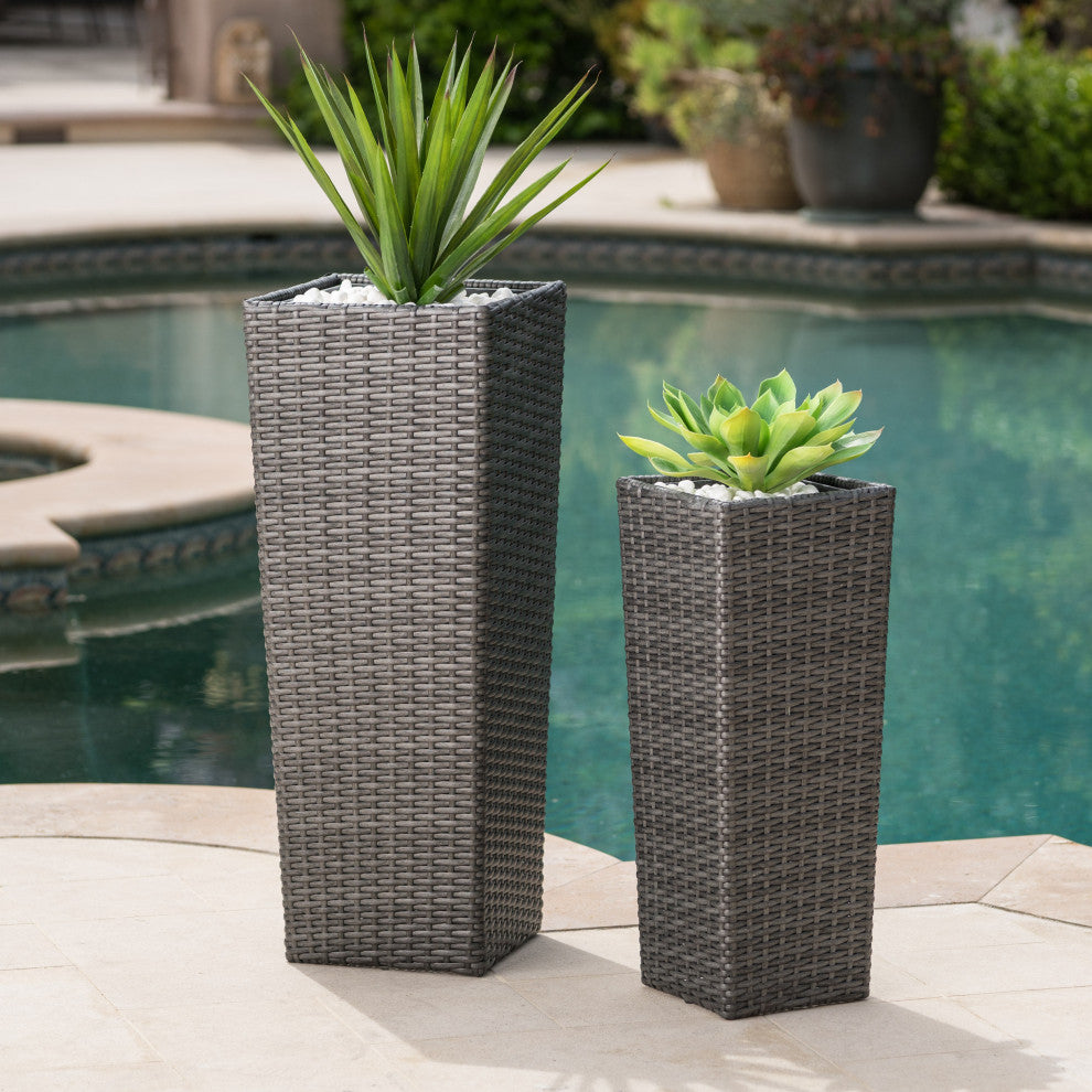 GDF Studio 2-Piece Eden Outdoor Wicker Flower Pots, Gray