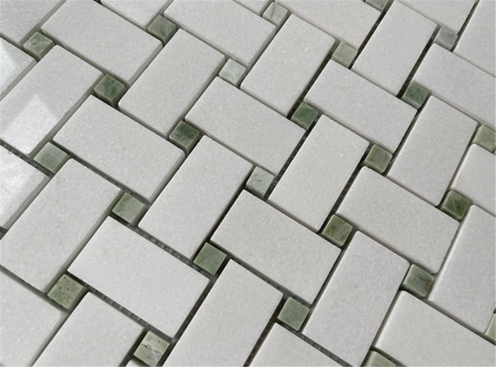 Thassos White Marble 1x2 Basketweave Mosaic Tile / Green Dots Polished, 1 sheet