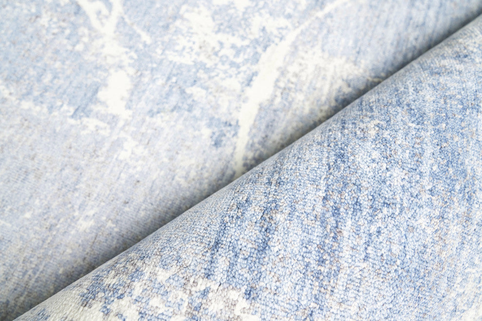 Fine Pure Silk Hand-Knotted Silk Blue/Gray/Ivory Area Rug