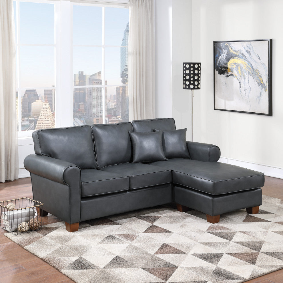 Rylee Rolled Arm Sectional, Pewter Faux Leather With Pillows and Coffee Legs