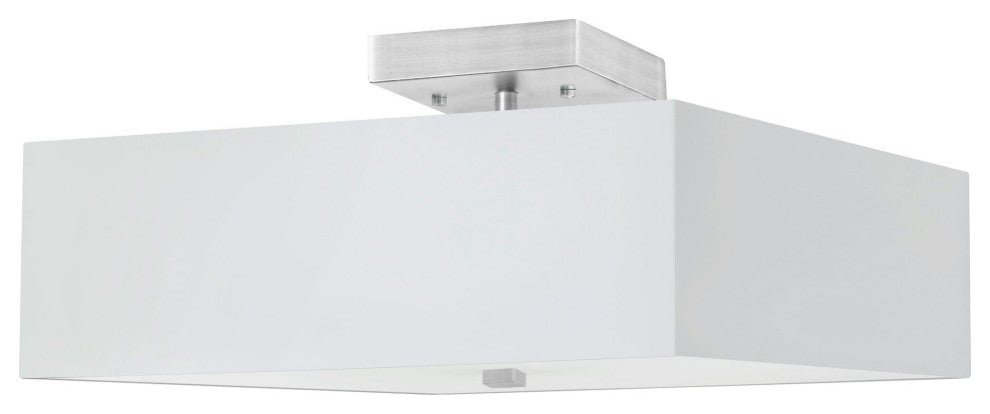 3 Light Incandescent Semi-Flush, Satin Chrome with White Shade