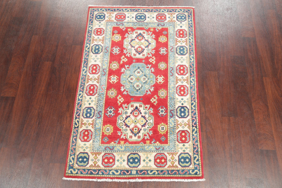 Kazak Oriental Traditional Pakistani Hand Made Area Rug, Red, 5'1"x3'3