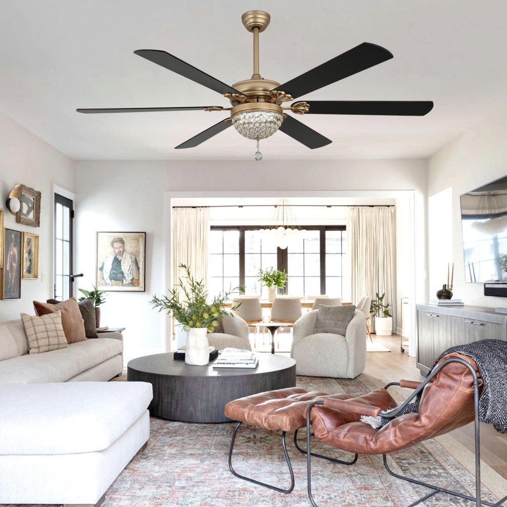 65" Modern Crystal Ceiling Fan with Dimmable LED Light and Remote, Black