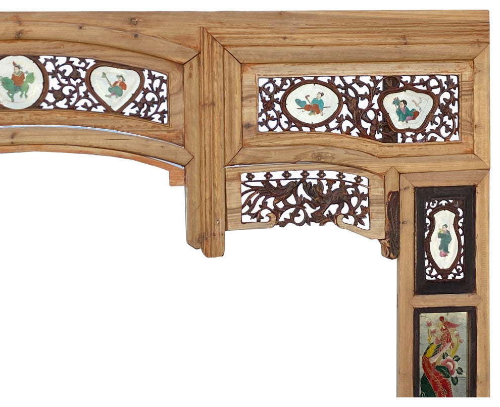 Vintage Chinese Arch Shape Carving Porcelain Graphic Wood Wall Art, Hws2254