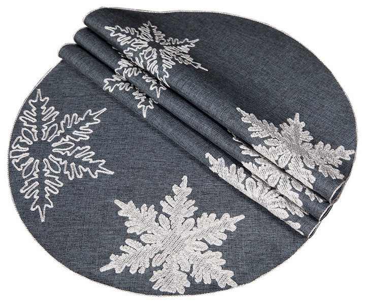 Glisten Snowflake Embroidered Christmas Placemats, Gray, 16" , Set of 4