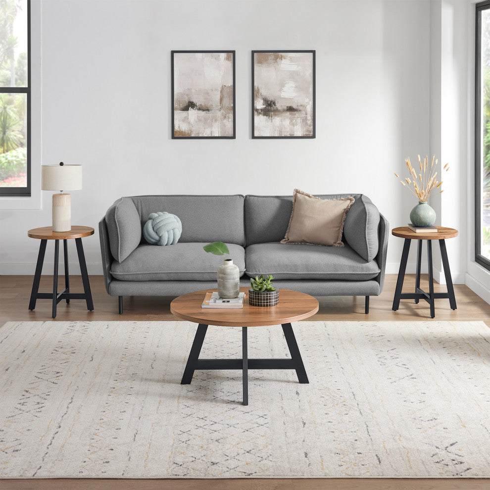 3-Piece Coffee Table Set Industrial Modern Round Coffee Table and 2 Side Tables