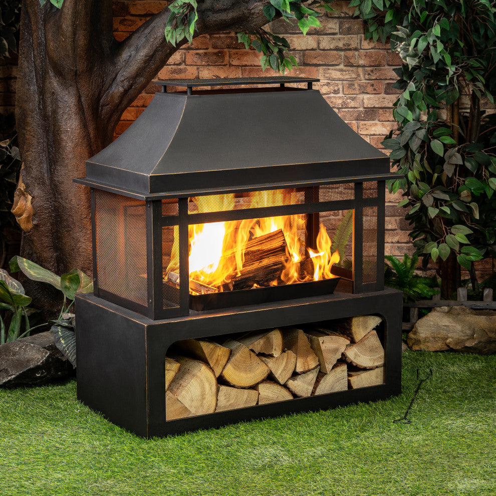 40" Rectangular Outdoor Metal Woodburning Fireplace, Log Storage