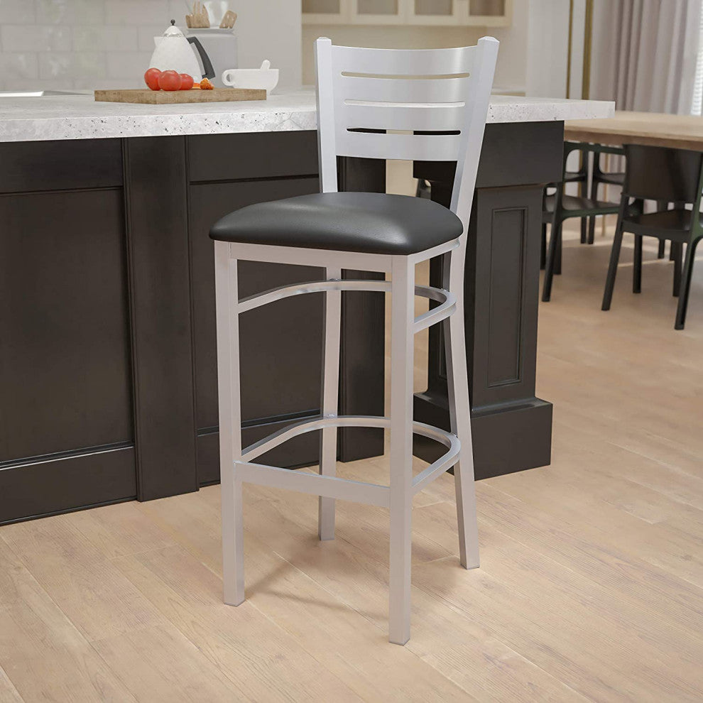 Set of 2 Bar Stool, Silver Metal Frame With Ladder Backrest, Black Vinyl Seat