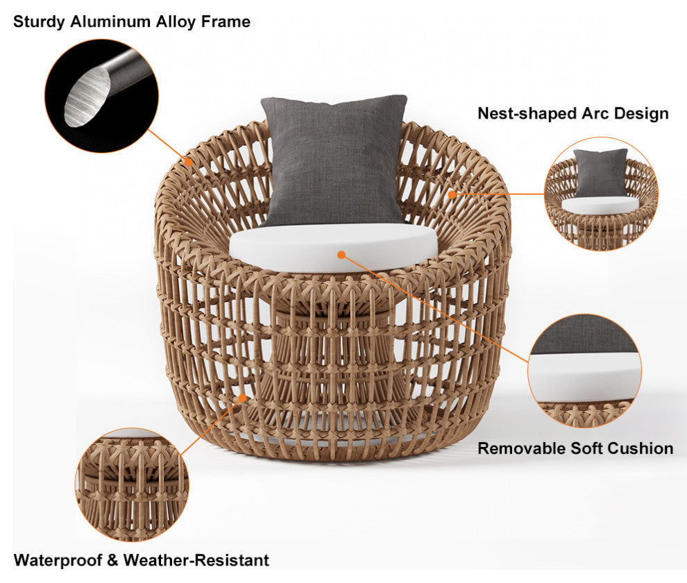 Austen Rattan Outdoor Barrel Chair Nest Shape Sidechair with Cushion in Brown