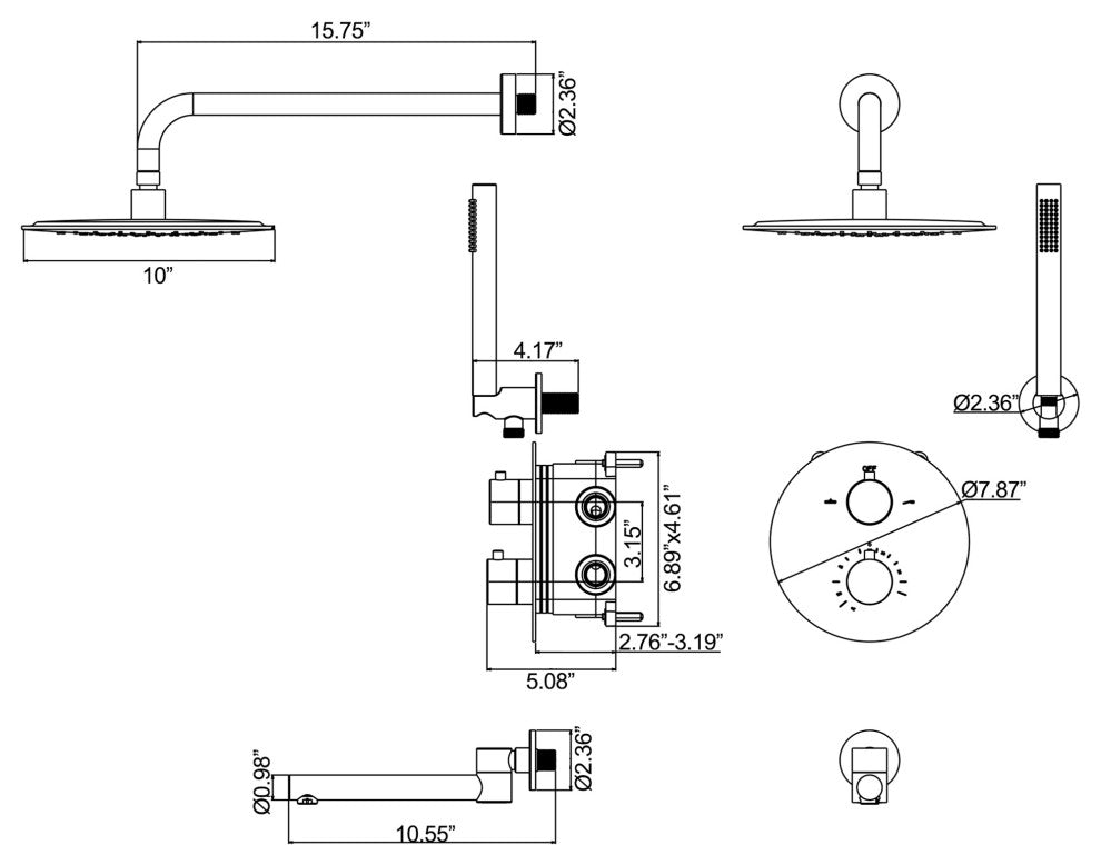 Multi-function Thermostatic Shower System W/ Hand Shower & Swivel Tub Spout
