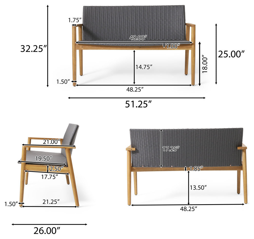 Alamosa Outdoor Wicker and Acacia Wood Loveseat, Gray and Teak