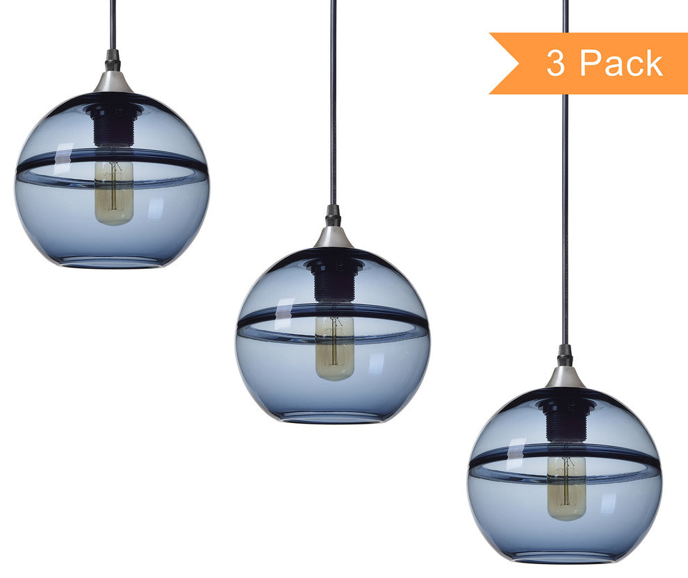 Unique Optic Hand Blown Glass Pendant Lights, Brushed Nickel, Set of 3, Blue