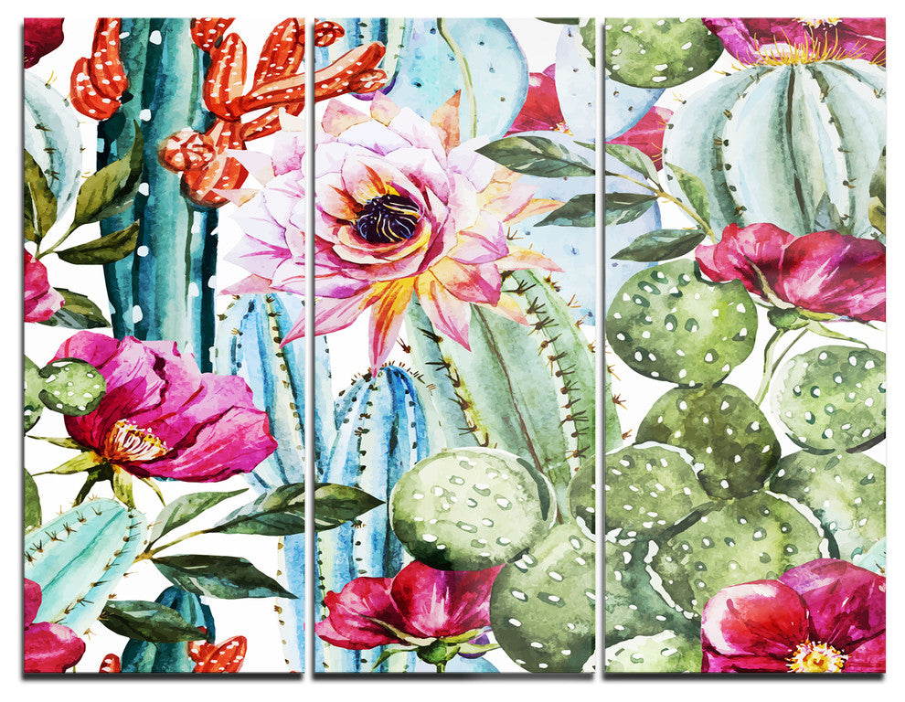 "Cactus Pattern Watercolor" Digital Metal Wall Art, 3 Panels, 36"x28"