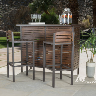 GDF Studio 3-Piece Isabel Brown Acacia and Rustic Metal Bar With Barstools, set