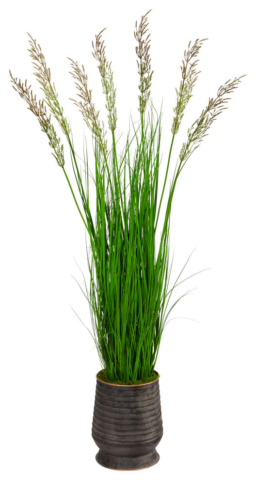 62" Wheat Grass Artificial Plant, Ribbed Metal Planter