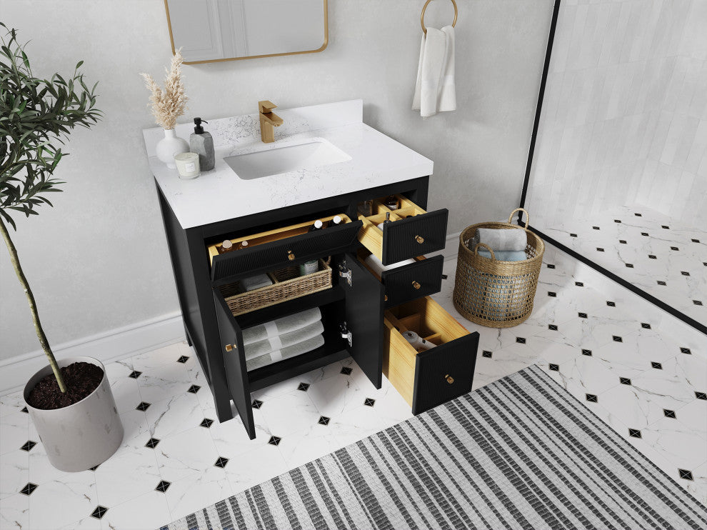 Sonoma 36 Center Sink Reeded Bath Vanity in Black 2" Empira White