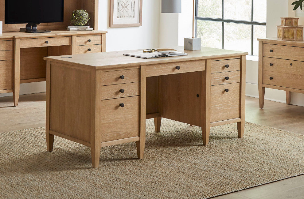 Modern Wood Double Pedestal Desk, Wood Office Desk, Fully Assembled, Light Brown