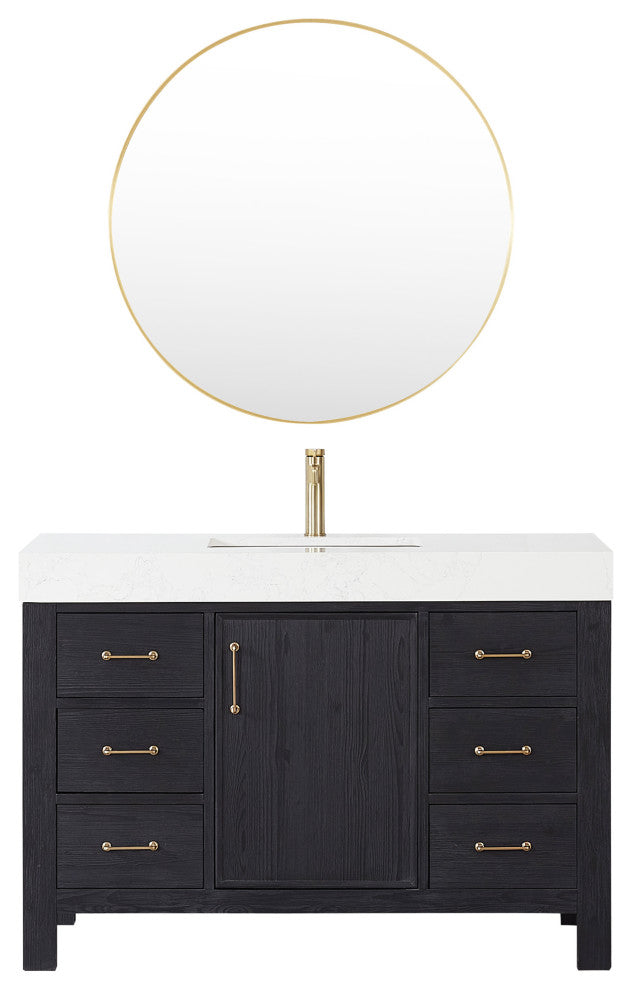 Leon Bath Vanity With Composite Stone Top, Fir Wood Black, 48", With Mirror