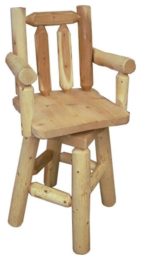 Rustic White Cedar Log Backed Bar Stool, Counter Height, With Arms