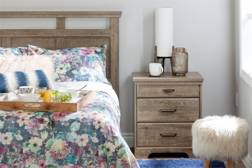 South Shore Versa Nightstand With Charging Station And Drawers, Weathered Oak