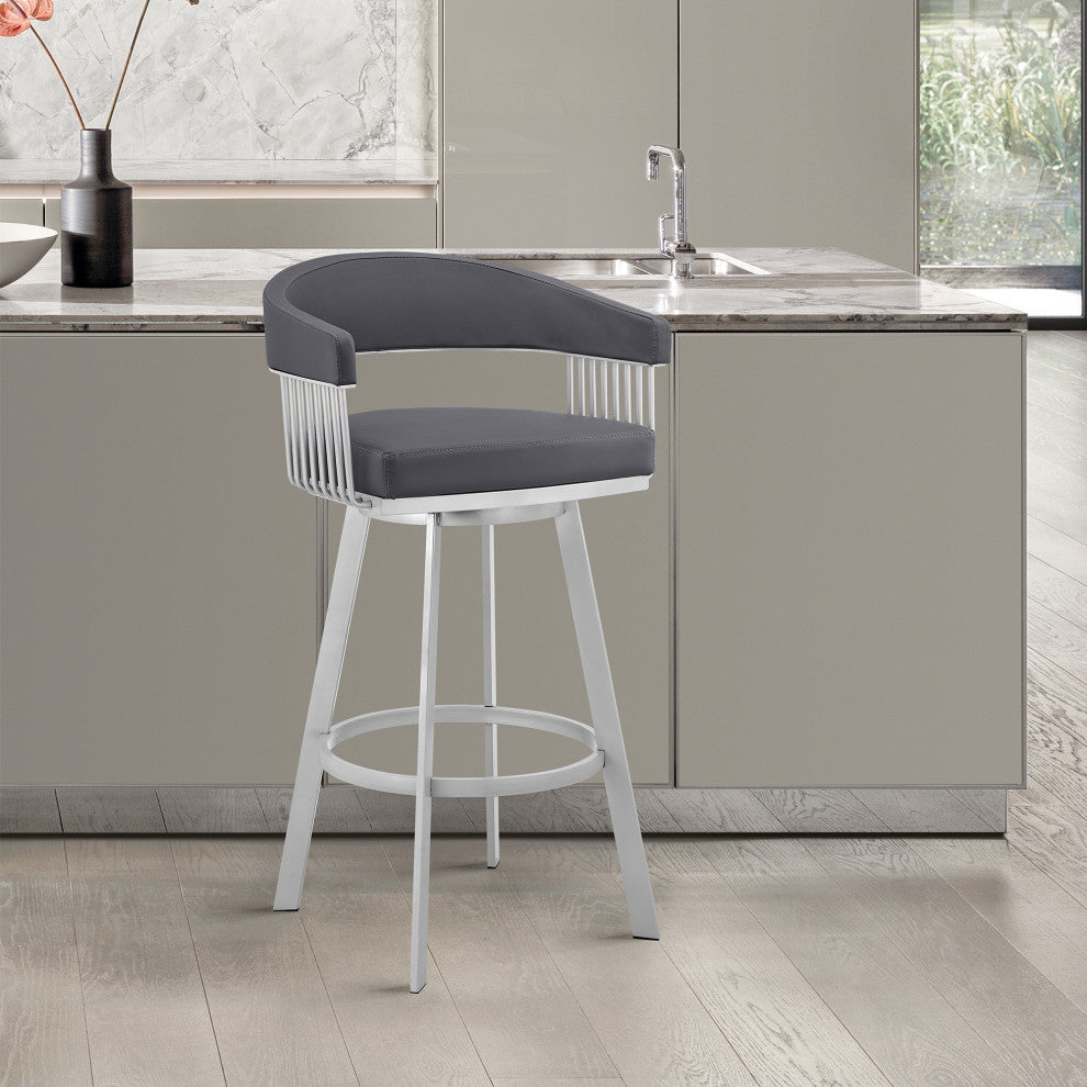 Bronson 29" Slate Gray Faux Leather/Silver Metal Bar Stool